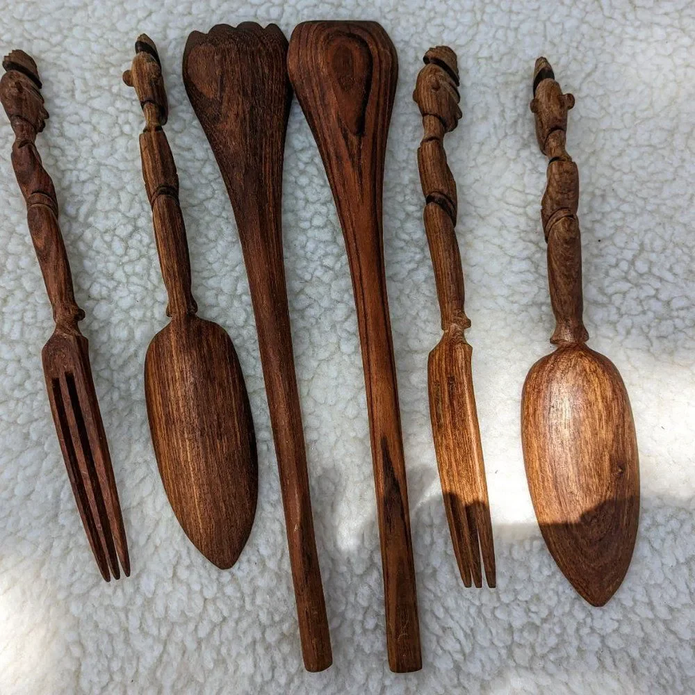 Bundle of six (6) dark, rich wood teak wooden hand-carved utensils